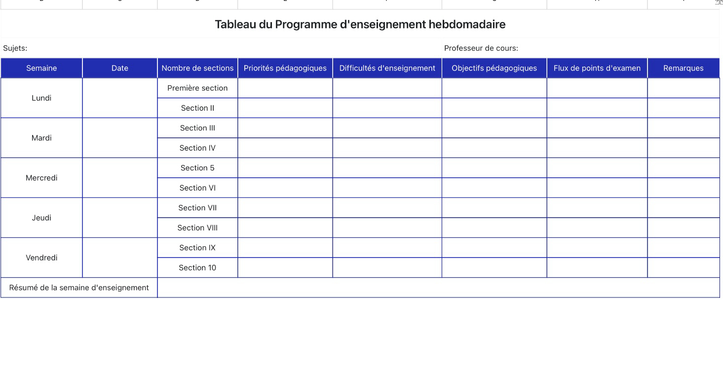 Tableau du Programme d'enseignement hebdomadaire